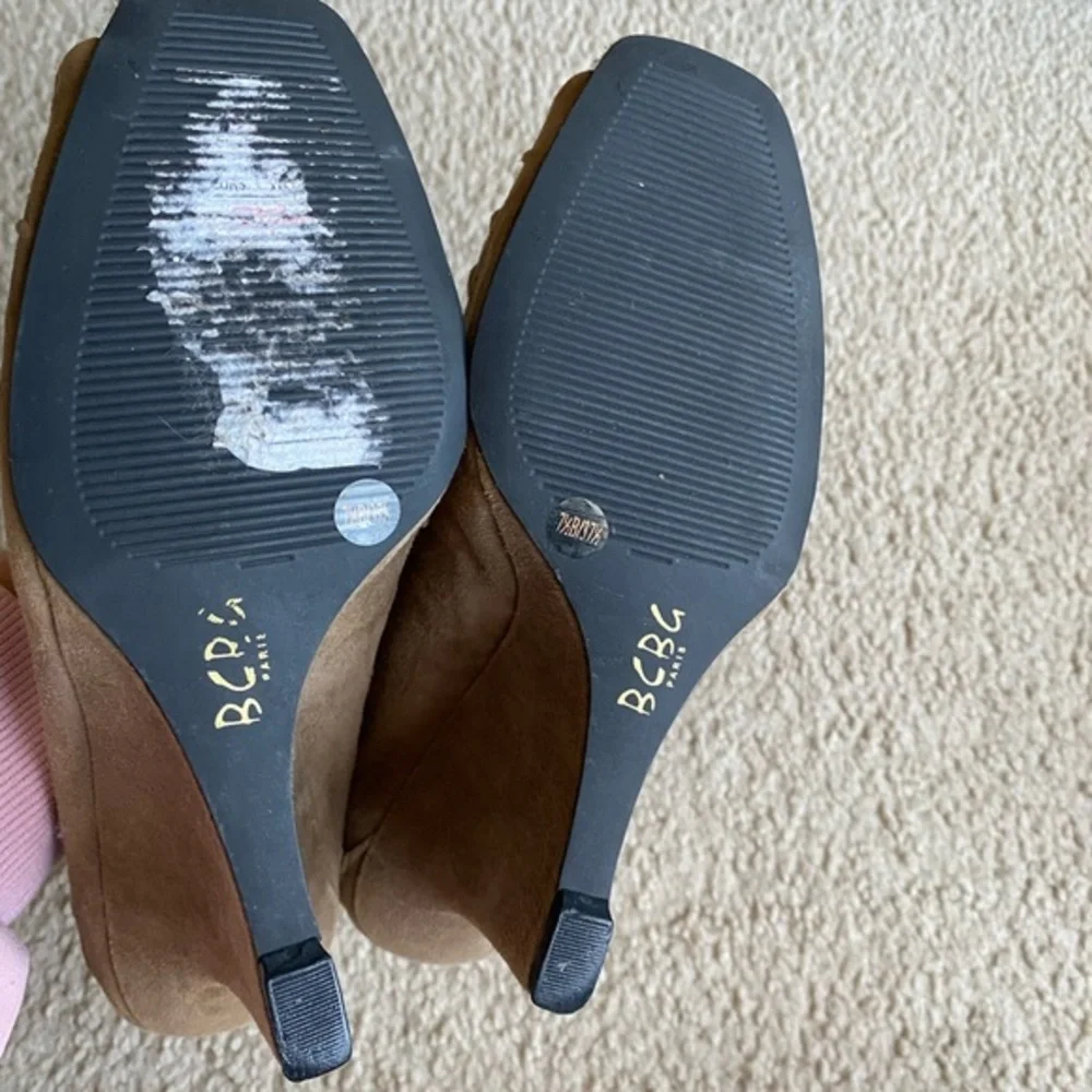 BCBG Taupe peep toe slip on wedge heels
